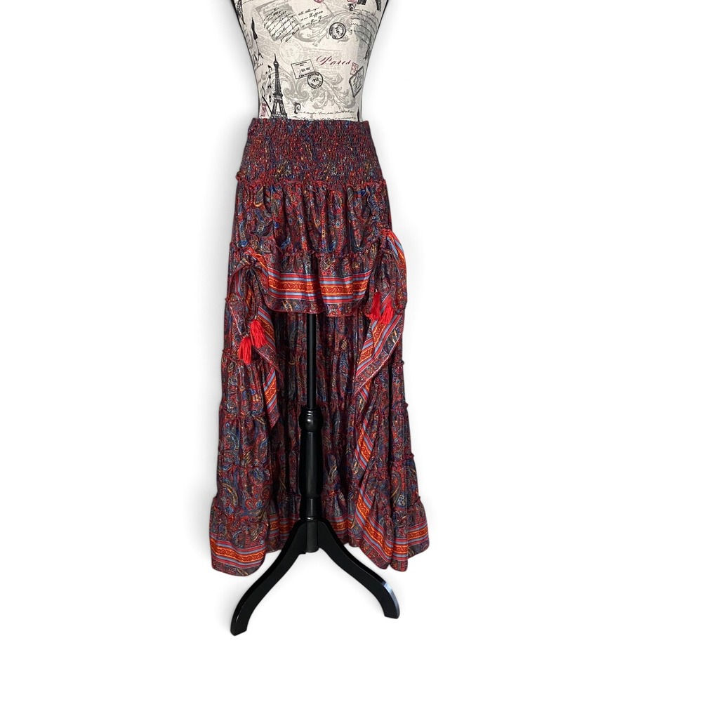 Zury Maxi Skirt Womens OS Red Paisley Silk Blend Convertible Tassel Boho Tiered